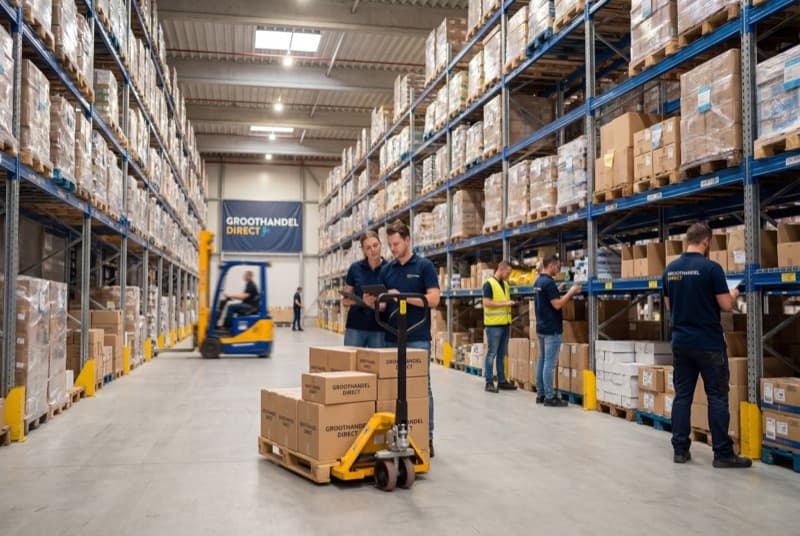 Groot magazijn van Groothandel Direct met volle rekken en medewerkers die bestellingen voorbereiden
