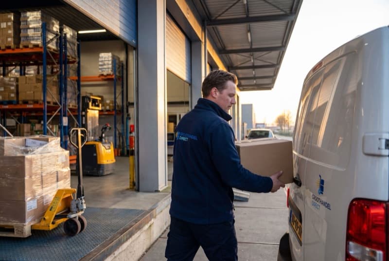 Bezorger van Groothandel Direct laadt pakketten in de bestelbus bij het magazijn