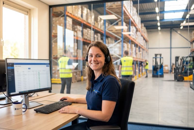 Klantenservice medewerker van Groothandel Direct met headset, magazijn op de achtergrond